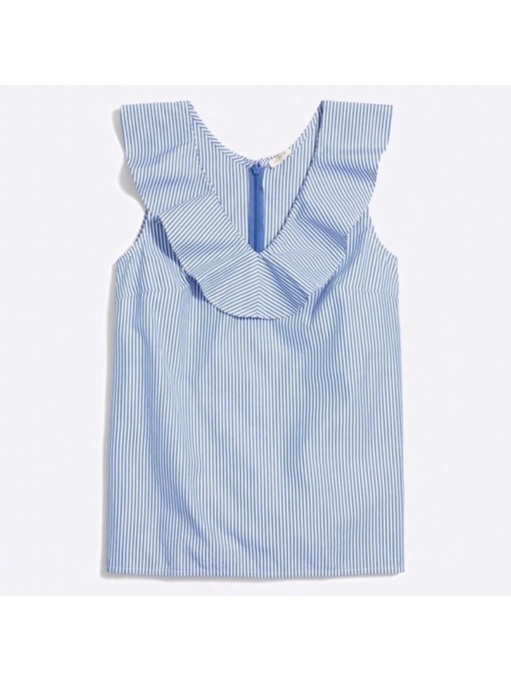 J. Crew Blue and White Stripe V-Neck Ruffle Poplin Cotton Tank Top SZ 4 Coastal